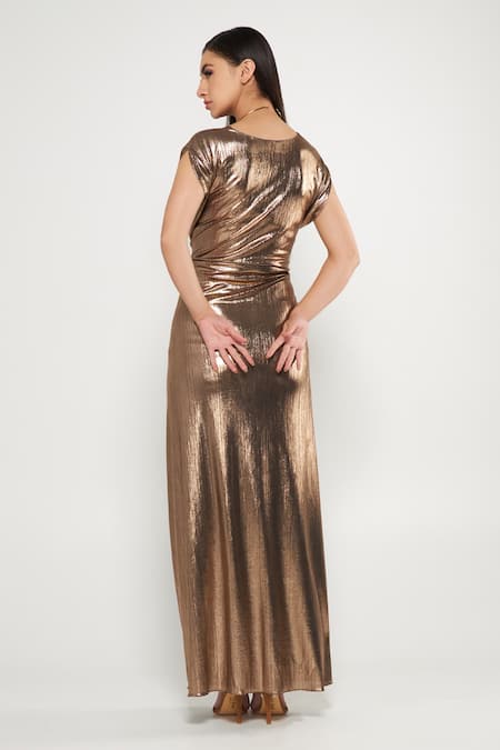Shop Cham Cham Gold Polyester V-neck Metallic Centre Draped Gown at Aza Fashions Shop_Cham Cham_Gold Polyester V-neck Metallic Centre Draped Gown _at_Aza_Fashions
