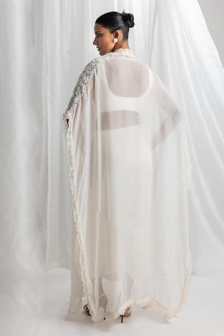 Seema Thukral Ivory Georgette, Satin Beads, Ruffle Cape With Embellished Cowl Skirt Set Online at Aza Fashions Seema Thukral_Ivory Georgette, Satin Beads, Ruffle Cape With Embellished Cowl Skirt Set _Online_at_Aza_Fashions