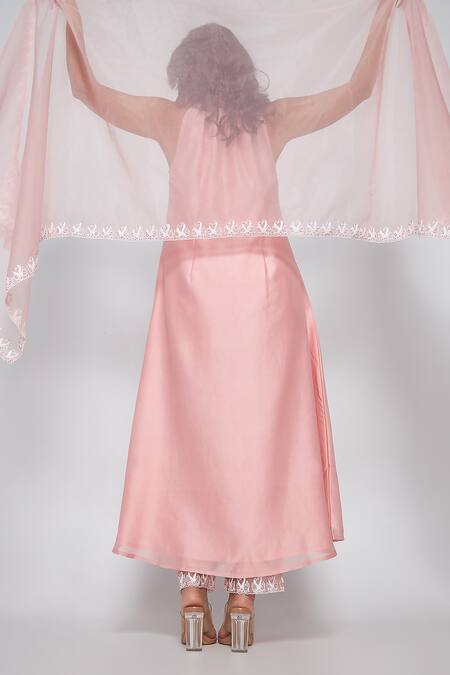 Shop Asaga Peach Chanderi, Muslin, Organza Embroidery Round Neck Hazel Floral Kurta Set at Aza Fashions Shop_Asaga_Peach Chanderi, Muslin, Organza Embroidery Round Neck Hazel Floral Kurta Set _at_Aza_Fashions