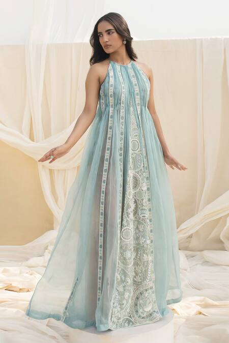 Shop Megha Bansal Blue Silk Organza Sequin And Beads Work, Zardozi Almora Embroidered Panelled With at Aza Fashions Shop_Megha Bansal_Blue Silk Organza Sequin And Beads Work, Zardozi Almora Embroidered Panelled With _at_Aza_Fashions