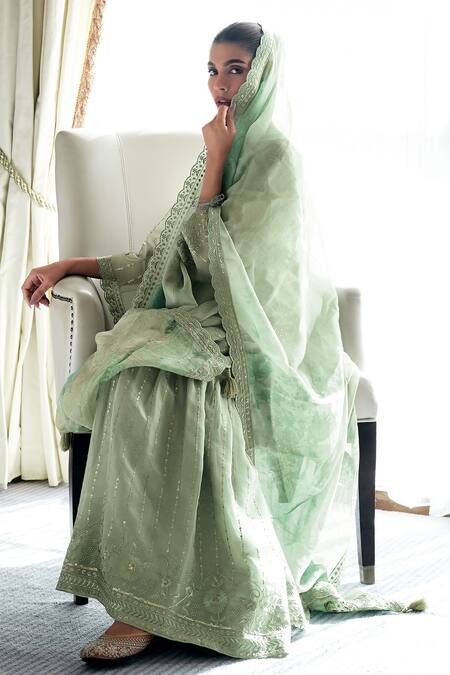 Shop Label Varsha Green Tissue, Viscose Embroidery Round Neck Straight Kurta Sharara Set at Aza Fashions Shop_Label Varsha_Green Tissue, Viscose Embroidery Round Neck Straight Kurta Sharara Set_at_Aza_Fashions