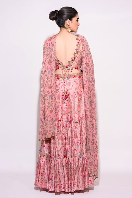 Shop Aangan By Parul Pink Silk, Chiffon Sequins, Embroidery V-neck Floral Print Lehenga Set at Aza Fashions Shop_Aangan By Parul_Pink Silk, Chiffon Sequins, Embroidery V-neck Floral Print Lehenga Set _at_Aza_Fashions