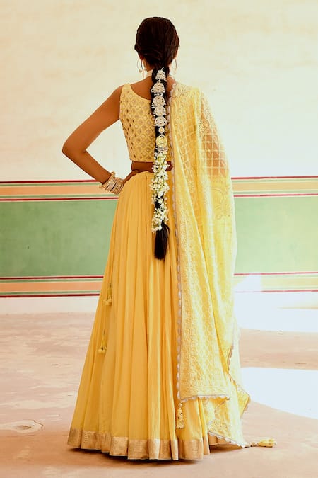 Karaj Jaipur Pleated Lehenga & Chikankari Blouse Set 