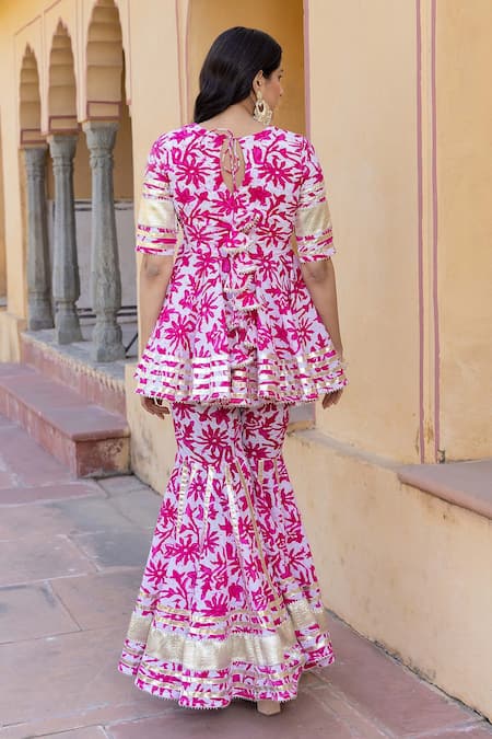 Shop Pomcha Jaipur White Cotton, Net Gota Patti, Embroidery Lilly Floral Print Kurta Sharara Set at Aza Fashions Shop_Pomcha Jaipur_White Cotton, Net Gota Patti, Embroidery Lilly Floral Print Kurta Sharara Set _at_Aza_Fashions