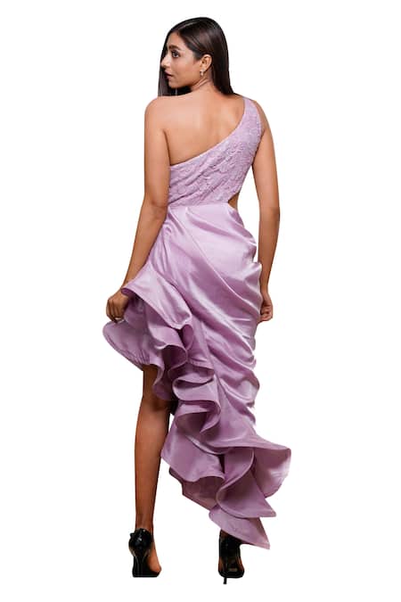 Archana Kochhar Lilac One Shoulder Ruffle Gown 