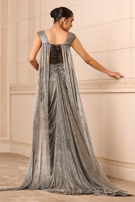 Shop Tarun Tahiliani Black Crystals Sweetheart Neck Metallic Draped Saree Gown at Aza Fashions Shop_Tarun Tahiliani_Black Crystals Sweetheart Neck Metallic Draped Saree Gown_at_Aza_Fashions