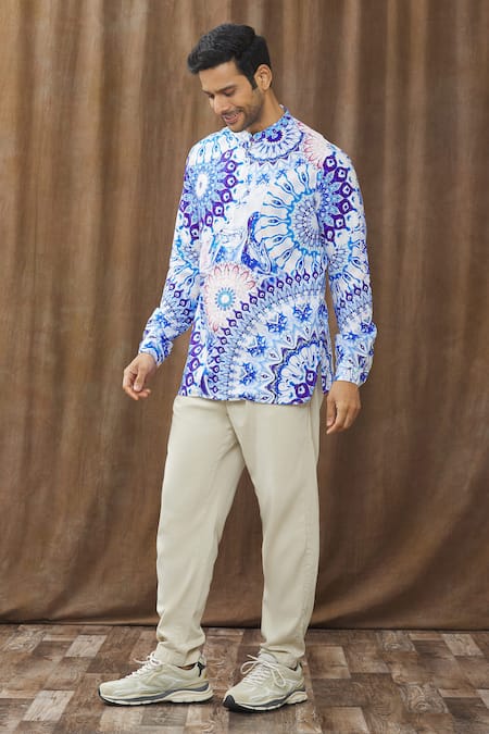 Siddhartha Bansal Blue Cotton Satin Floral Printed Shirt Online at Aza Fashions Siddhartha Bansal_Blue Cotton Satin Floral Printed Shirt_Online_at_Aza_Fashions