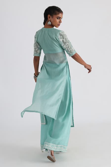 Shop Smriti By Anju Agarwal Green Satin, Organza, Crepe, Bamboo, Silk Zahra Hand Kurta And Pant Set at Aza Fashions Shop_Smriti By Anju Agarwal_Green Satin, Organza, Crepe, Bamboo, Silk Zahra Hand Kurta And Pant Set _at_Aza_Fashions