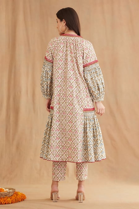 Shop Nikasha Red Cotton Sequins, Embroidery Mandarin Collar Mughal Print Tunic And Pant Set at Aza Fashions Shop_Nikasha_Red Cotton Sequins, Embroidery Mandarin Collar Mughal Print Tunic And Pant Set _at_Aza_Fashions