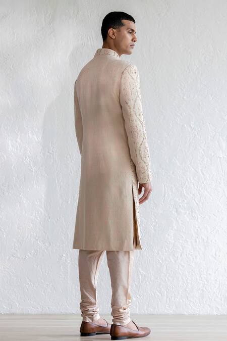 Shop_Qbik_Beige Sherwani Kashmiri Wool Floral Farheen Set_at_Aza_Fashions