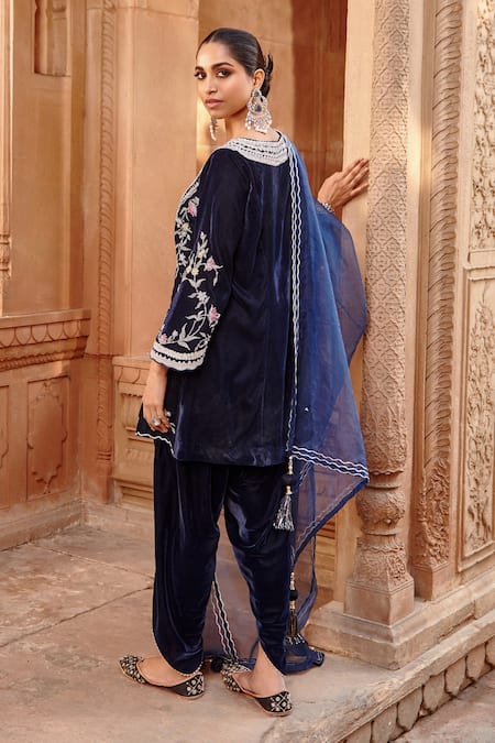 Buy Blue Velvet Embroidered Dori V Neck Kurta Dhoti Pant Set For Women by  Ajiesh Oberoi Online at Aza Fashions.
