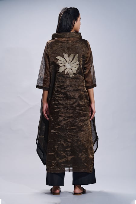 Shop Taika By Poonam Bhagat Brown Tunic Chanderi Embroidered Gold Petals Collared Neck And Pant Set at Aza Fashions Shop_Taika By Poonam Bhagat_Brown Tunic Chanderi Embroidered Gold Petals Collared Neck And Pant Set _at_Aza_Fashions