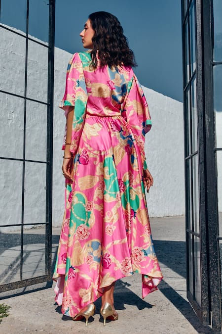 House Of Fett Fiori Printed Top & Asymmetric Pant Set 