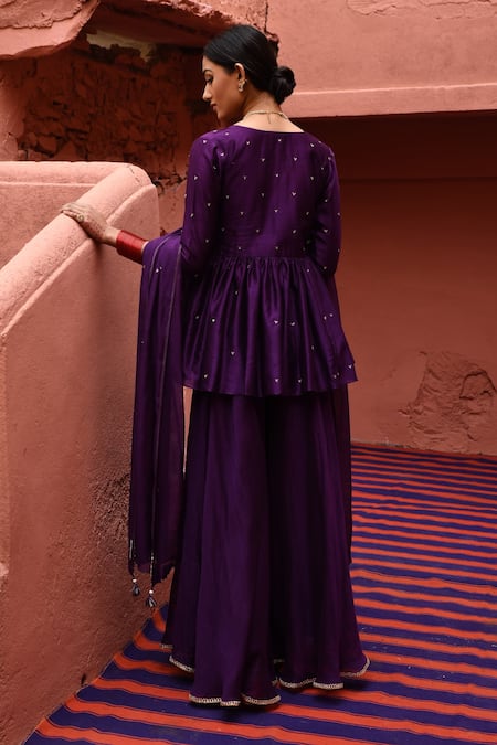 Shop_Deep Thee_Purple Chanderi Embroidery, Tassels V-neck Short Peplum Angrakha Set _at_Aza_Fashions