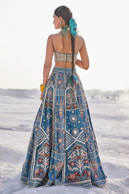 Shop_The Royaleum_Multi Color Silk, Crepe Beads, Stones Hand Embroidered Blouse Bridal Lehenga Set _at_Aza_Fashions