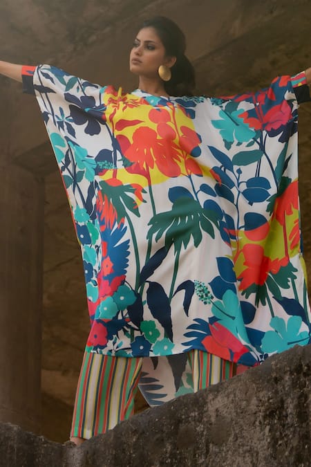 Shop Pooja-Keyur Blue , Cotton Embroidery Paradise Floral Print Kaftan With Pant at Aza Fashions Shop_Pooja-Keyur_Blue , Cotton Embroidery Paradise Floral Print Kaftan With Pant_at_Aza_Fashions