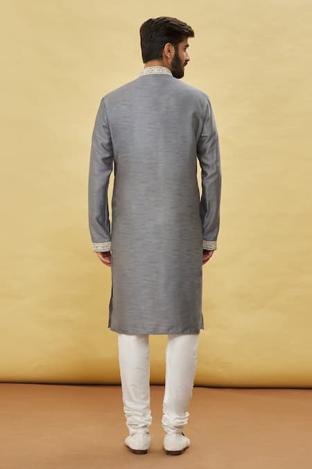 Shop Arihant Rai Sinha Grey Silk Embroidery Cuff Kurta Set at Aza Fashions Shop_Arihant Rai Sinha_Grey Silk Embroidery Cuff Kurta Set _at_Aza_Fashions