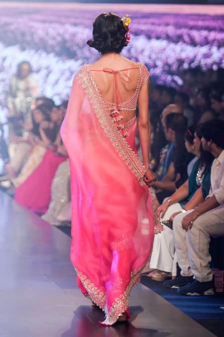 Shop Anushree Reddy Pink Organza Zari V-neck Ombre Effect Border Saree With Unstitched Blouse at Aza Fashions Shop_Anushree Reddy_Pink Organza Zari V-neck Ombre Effect Border Saree With Unstitched Blouse _at_Aza_Fashions