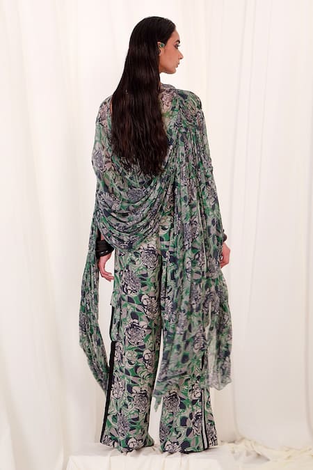 Shop AK-OK Black Silk Embroidery Abstract Print Top And Trouser Set at Aza Fashions Shop_AK-OK_Black Silk Embroidery Abstract Print Top And Trouser Set _at_Aza_Fashions