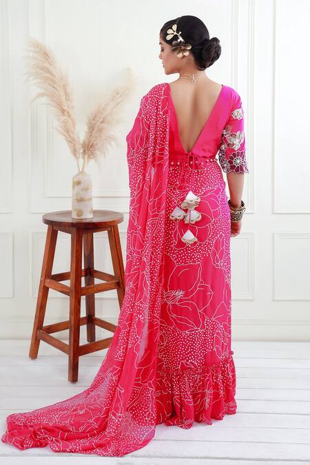 Shop_EK Soot_Pink Georgette And Silk Print & Embroidery Pre-draped Saree With Blouse  _at_Aza_Fashions