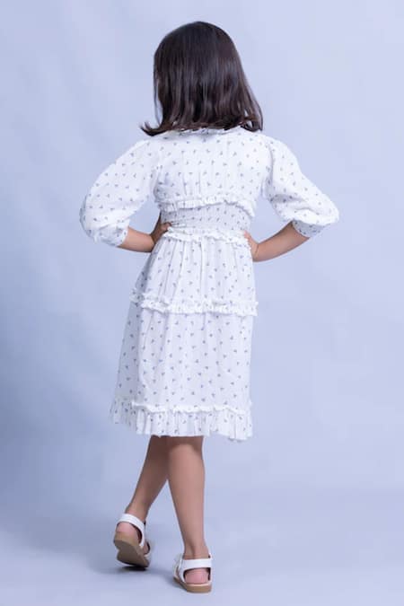 Shop Littlecheer White Cotton Floral Pattern Smocked Waist Dress at Aza Fashions Shop_Littlecheer_White Cotton Floral Pattern Smocked Waist Dress _at_Aza_Fashions