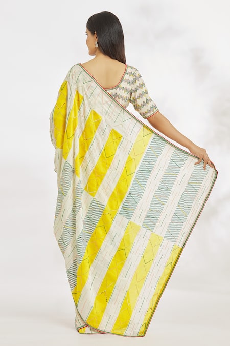 Shop_Paksh_Off White Saree  Chanderi Hand Embroidered Cutdana V Neck With Blouse  _at_Aza_Fashions