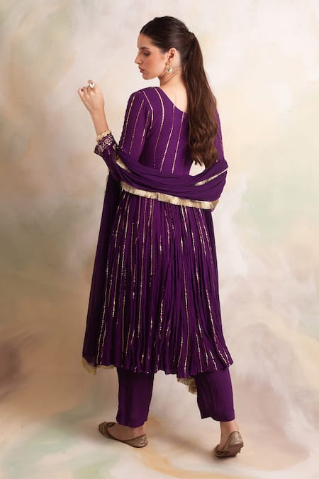 Shop_Palak & Mehak_Purple Rayon Crepe Flower V Neck Stripe Anarkali Kurta Set _at_Aza_Fashions