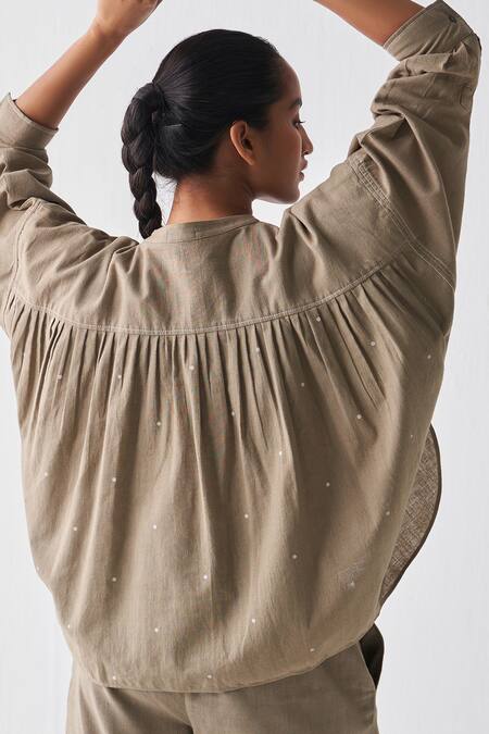 Shop_Three_Grey Handloom Cotton Cut Work Mandarin Collar Hand Painted Top _at_Aza_Fashions
