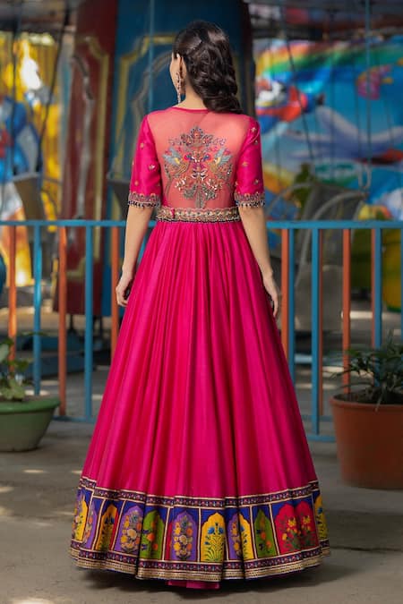 Shop Irrau By Samir Mantri Pink Chanderi, Chiffon Embroidery, Sequins, Cut Anarkali With Printed Dupatta at Aza Fashions Shop_Irrau By Samir Mantri_Pink Chanderi, Chiffon Embroidery, Sequins, Cut Anarkali With Printed Dupatta _at_Aza_Fashions