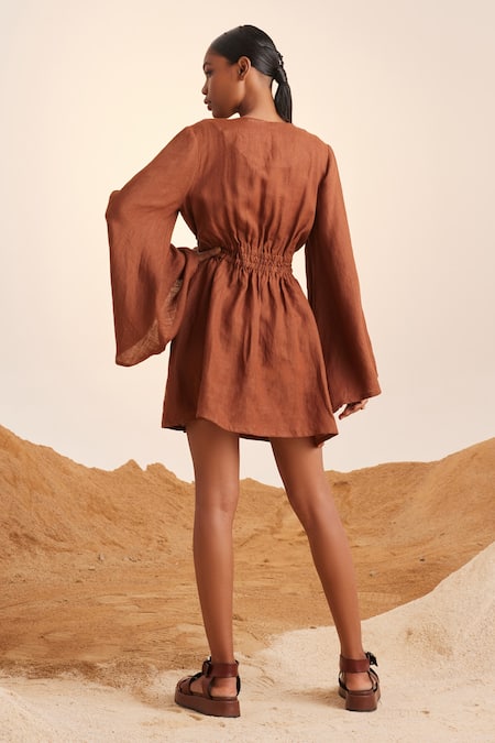 Buy Brown Linen V Neck Bell Sleeve Dress For Women by Cord