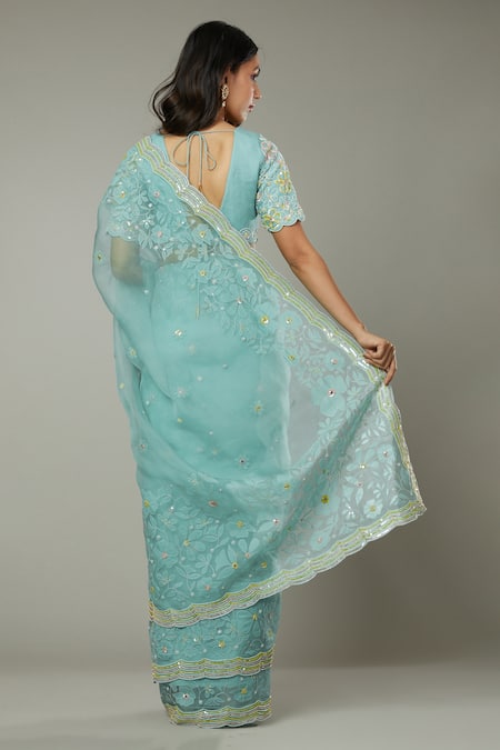 Shop I Am Design Blue Silk Organza Floral Pattern, Sequins Peppermint Candy Embroidered Saree at Aza Fashions Shop_I Am Design_Blue Silk Organza Floral Pattern, Sequins Peppermint Candy Embroidered Saree _at_Aza_Fashions