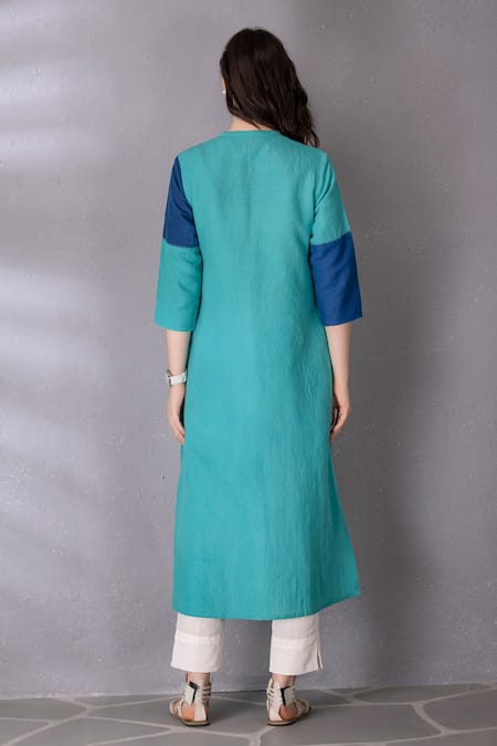 Shop_Tanu Malhotra_Blue Cotton, Linen Embroidery High Low Colour Block Tunic And Pant Set _at_Aza_Fashions