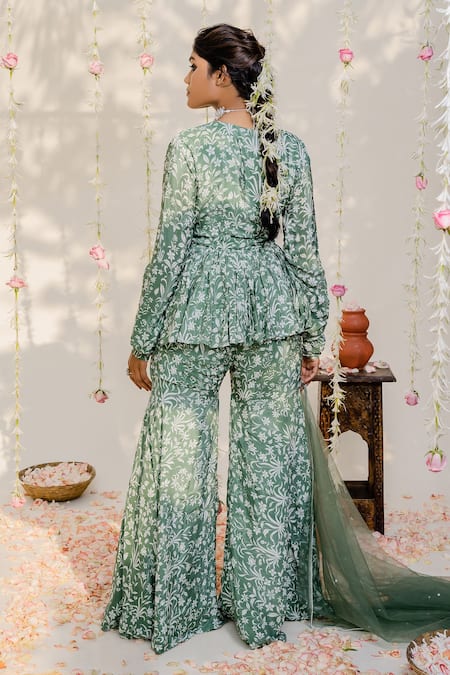 Redpine Designs_Green Dupatta  Net, Viscose Crepe Silk Cutdana, Print Peplum Sharara Set _Online_at_Aza_Fashions