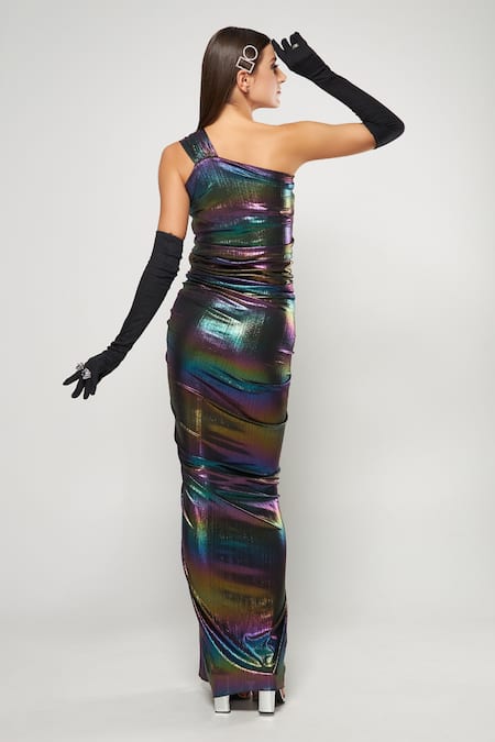 Shop Cham Cham Multi Color Polyester One Shoulder Metallic Pleated Draped Gown at Aza Fashions Shop_Cham Cham_Multi Color Polyester One Shoulder Metallic Pleated Draped Gown _at_Aza_Fashions