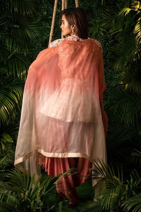 Shop Pallavi Poddar Pink Crepe, Organza, Muslin Pearls, Udaipur Ombre Cape And Draped Pant Set at Aza Fashions Shop_Pallavi Poddar_Pink Crepe, Organza, Muslin Pearls, Udaipur Ombre Cape And Draped Pant Set _at_Aza_Fashions