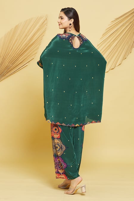 Shop Rajat K Tangri Green Boat Neck Mughal Horse Pattern Kaftan And Pant Set at Aza Fashions Shop_Rajat K Tangri_Green Boat Neck Mughal Horse Pattern Kaftan And Pant Set _at_Aza_Fashions