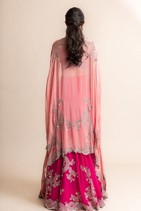 Shop_Nupur Kanoi_Fuchsia Crepe, Satin, Silk Mirrors, Sequins, Work Lehenga Set With Contrast Cape _at_Aza_Fashions