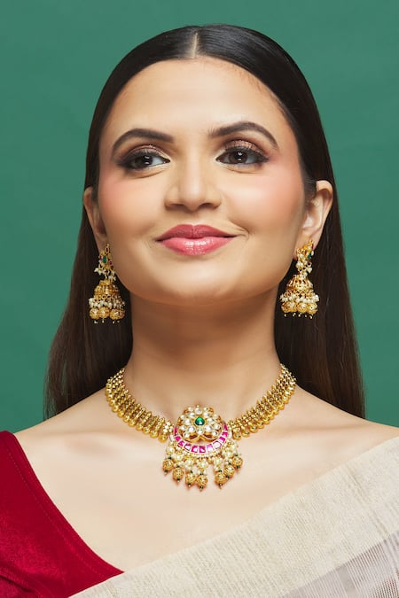 Shop Our Purple Studio Red Diamonds, Stones Kundan Embellished Pendant Necklace Set at Aza Fashions Shop_Our Purple Studio_Red Diamonds, Stones Kundan Embellished Pendant Necklace Set _at_Aza_Fashions