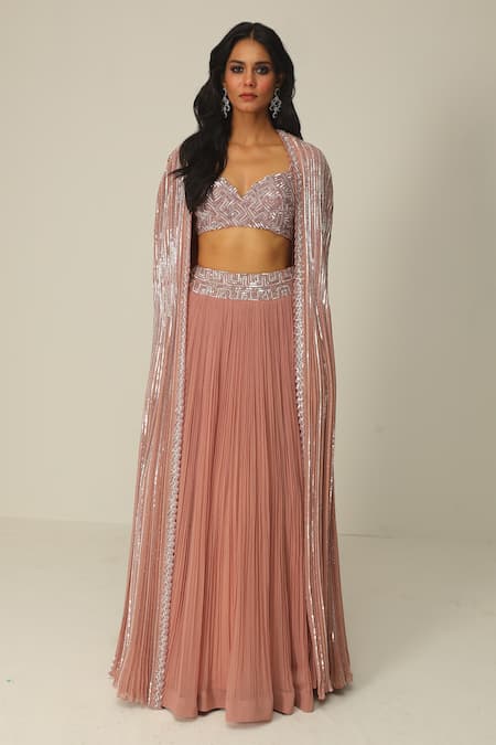 Shop_Rishi And Soujit_Pink Organza Embellished Sequin Cape Open And Gathered Skirt Set  _at_Aza_Fashions