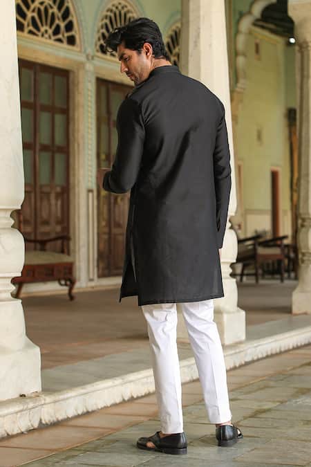 Shop_Raw & Rustic By Niti Bothra_Black Chanderi Silk Embroidery Banarasi Applique Kurta _at_Aza_Fashions