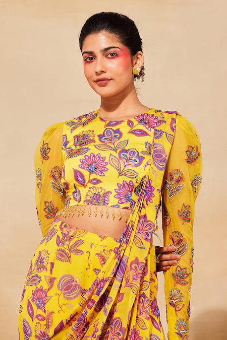 Diyarajvvir Floral Print Pre-Draped Sharara Saree With Blouse 