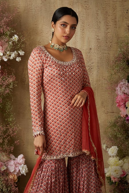 Ria Shah Label Floral Mughal Print Kurta Sharara Set 