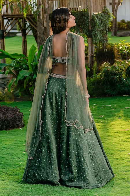 Shop Redpine Designs Green Chanderi, Net Sequins, Zari Sweetheart Neck Hand Embroidered Lehenga Set at Aza Fashions Shop_Redpine Designs_Green Chanderi, Net Sequins, Zari Sweetheart Neck Hand Embroidered Lehenga Set _at_Aza_Fashions
