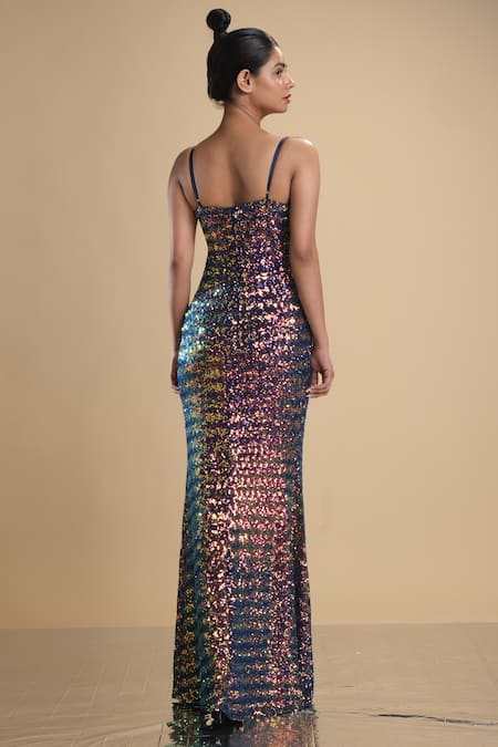 Shop_Kommal Sood_Multi Color Lycra Stretch Net Embroidered Rainbow Spaghetti Gown  _at_Aza_Fashions