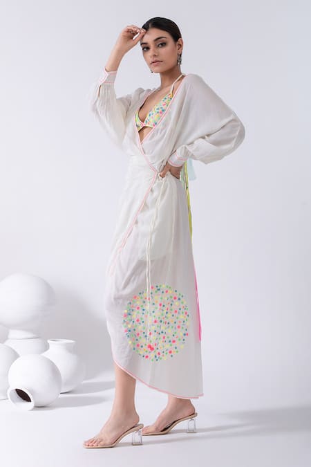 Shop Kacha Tanka Ivory Cotton Embroidery V-neck Thread Wrap Dress With Bralette at Aza Fashions Shop_Kacha Tanka_Ivory Cotton Embroidery V-neck Thread Wrap Dress With Bralette _at_Aza_Fashions