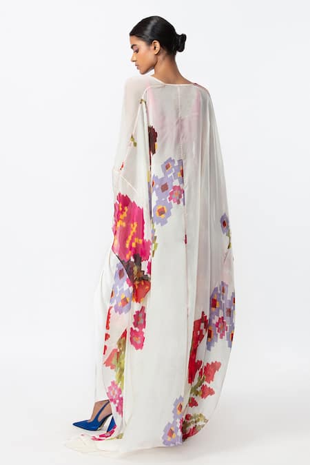 Shop_Saaksha & Kinni_Ivory Placement Floral Print Cape _at_Aza_Fashions
