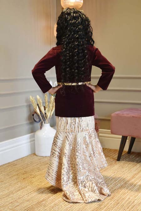 Shop Fayon Kids Cream Velvet, Silk Sequins Embellished Gown With Jacket at Aza Fashions Shop_Fayon Kids_Cream Velvet, Silk Sequins Embellished Gown With Jacket _at_Aza_Fashions