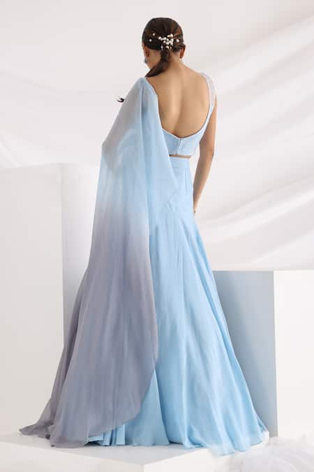 Shop_Smriti By Anju Agarwal_Blue Chiffon, Silk, Organza, Crepe, Dew Of The Sea Lehenga And Draped Blouse Set _at_Aza_Fashions
