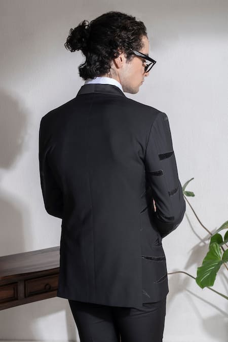 Shop Abkasa Black Terrycloth Embroidery Causeway Textured Coat And Trouser Set at Aza Fashions Shop_Abkasa_Black Terrycloth Embroidery Causeway Textured Coat And Trouser Set _at_Aza_Fashions