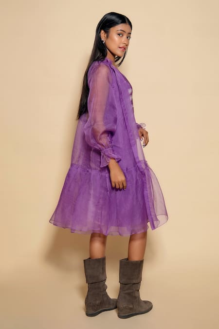Shop_Ranng Label_Purple Lycra V-neck Sheer Shrug And Tie Dye Dress _at_Aza_Fashions